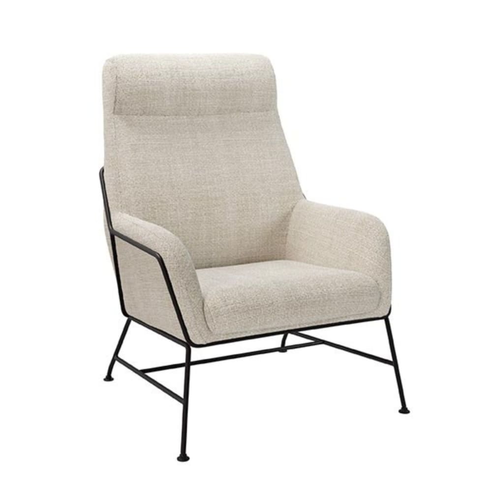 Wohnli Möbelsuche - Hoher Sessel mit meliertem Stoff und Metallgestell in Beige.