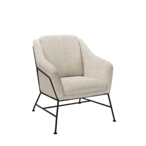 wohnli-moebel-suche-M24179326 Wohnli Möbelsuche - Niedriger Sessel mit meliertem Stoff und Metallgestell in Beige.