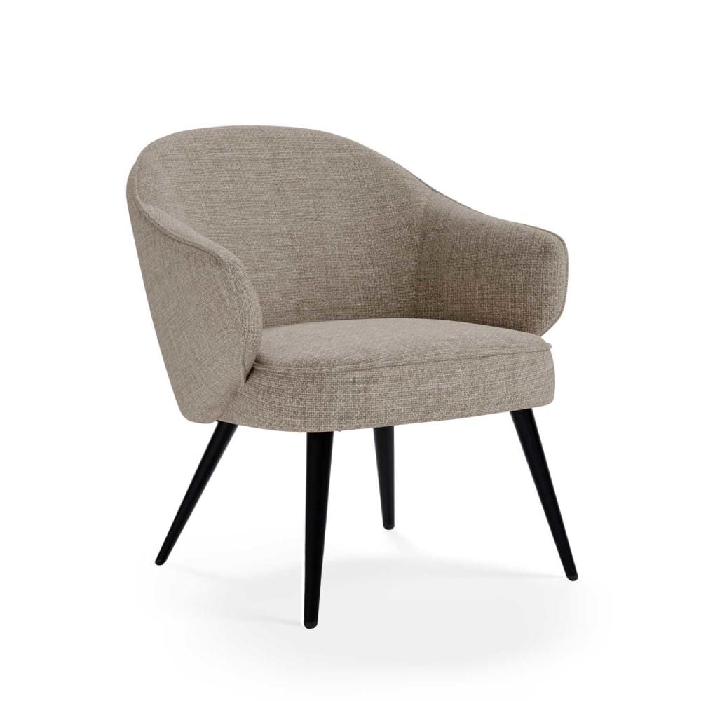 Wohnli Möbelsuche - Sessel mit geschwungenem Design gepolstert mit schwarzen Beinen taupé