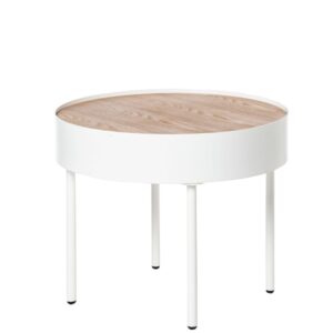 wohnli-moebel-suche-M24179418 Wohnli Möbelsuche - Runder weißer Couchtisch aus Metall mit Holzfurnierplatte