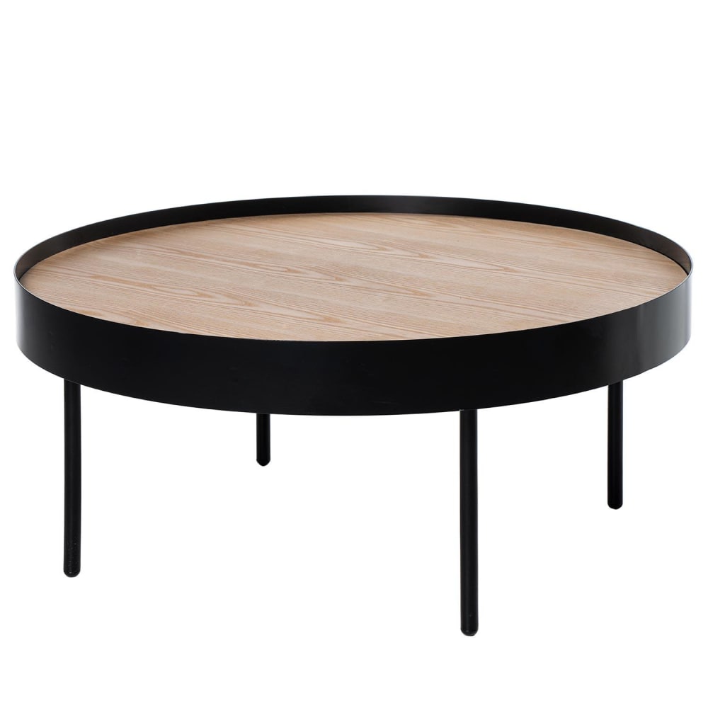 wohnli-moebel-suche-M24179419 Wohnli Möbelsuche - Runder schwarzer Couchtisch aus Metall mit Holzfurnierplatte