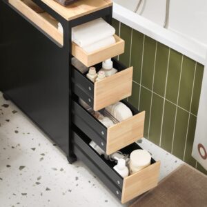 wohnli-moebel-suche-M24180187-1 Nischenregal Küchenregal mit Rollen aus MDF(E1) Bambus Schwarz 65x82x24cm Spanplatte Schwarz SoBuy Möbel Badezimmermöbel