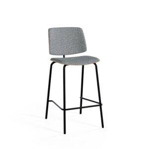 Wohnli Möbelsuche - Niedriger Hocker mit gepolstertem Sitz und Holzfurnier in Grau.