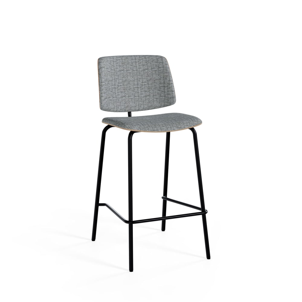 wohnli-moebel-suche-M24180916 Wohnli Möbelsuche - Niedriger Hocker mit gepolstertem Sitz und Holzfurnier in Grau.
