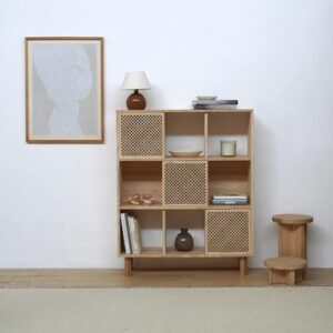 wohnli-moebel-suche-M24181459-1 Kleines Massivholzregal in Naturholz 98 cm Lackiert 98x121x30cm Holz Braun Naan Furniture Möbel Wohnzimmermöbel Bücherregale