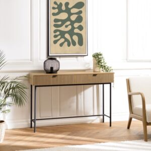 Konsole 2 t. Holzdekor Effekt gerillt 120x79x35cm Spanplatte Braun MACABANE Möbel Wohnzimmermöbel Konsolentische