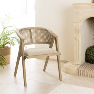 wohnli-moebel-suche-M25000713-1 Holzstuhl Stoff Leinen 59x76x56cm Rattan Grau MACABANE Möbel Esszimmermöbel Stühle