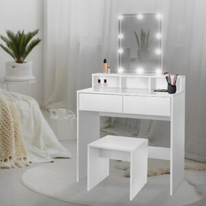 Schminktisch mit Hocker LEDs Spiegel Kosmetiktisch 80x87x40cm Spanplatte Weiß ML-Design Möbel Schlafzimmermöbel Schminktische