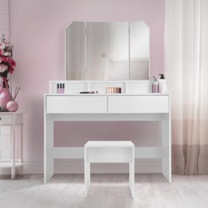 Schminktisch mit Hocker Spiegel mit Staufächer Weiß 100x140x40cm Spanplatte Weiß ML-Design Möbel Schlafzimmermöbel Schminktische