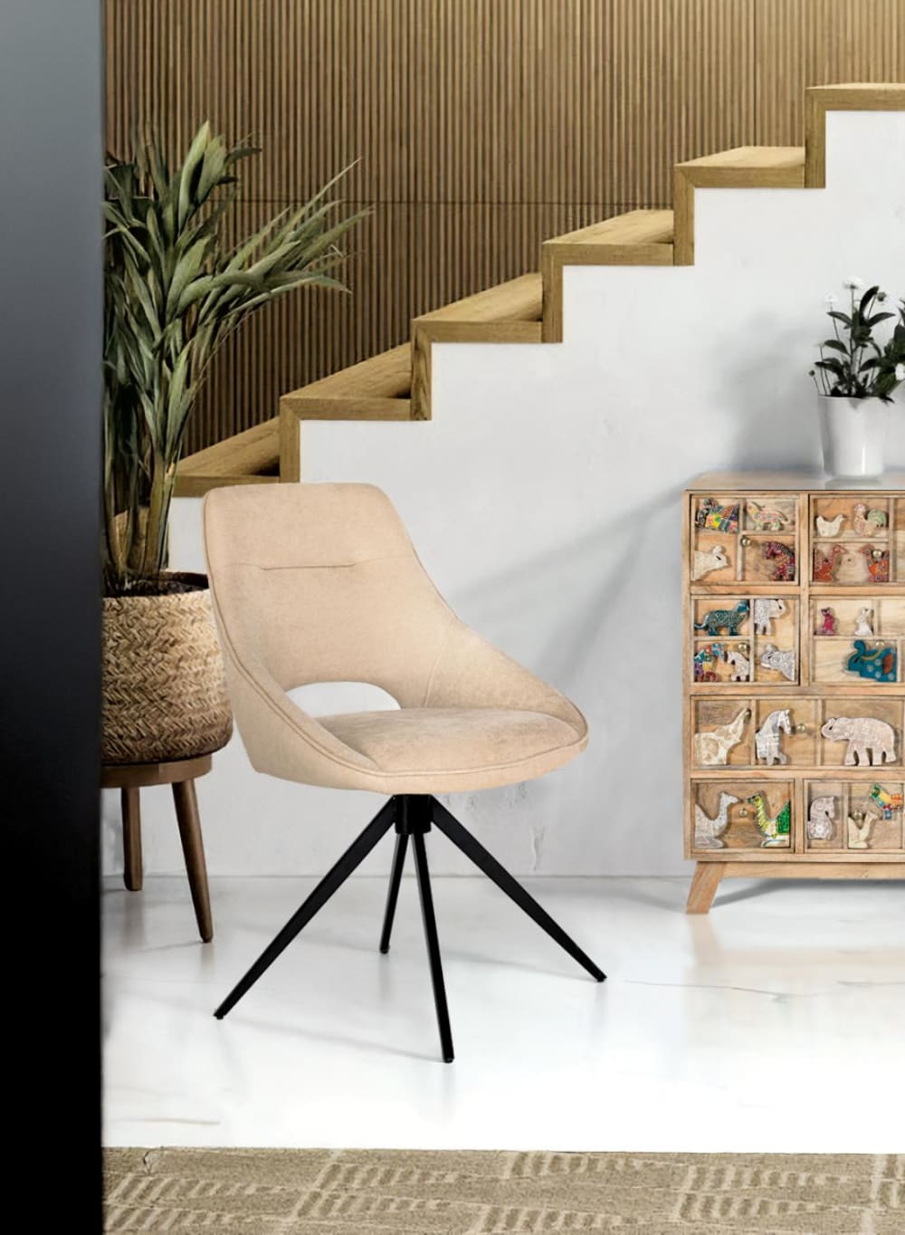 2er Set Drehstühle gepolstert mit Stoff und Stahlgestell 57x88x56cm Stoff Beige GINER Y COLOMER Möbel Esszimmermöbel Stühle