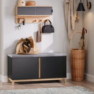 wohnli-moebel-suche-M25002652-1 Schuhbank Sitzbank Schuhtruhe aus MDF(E1) PB(E1) Bambus Schwarz 90x47x34cm Spanplatte Schwarz SoBuy Möbel Flurmöbel Schuhschränke