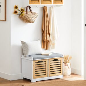 wohnli-moebel-suche-M25002662-1 Moderne Schuhtruhe Sitzkommode Sitzbank aus MDF und Bambus Weiß&Natur 71x43x34cm Spanplatte Weiß SoBuy Möbel Flurmöbel Schuhschränke