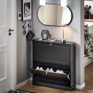 Schuhkipper Schuhschrank schmal Schuhregal aus  MDF(E1) Schwarz 76x79x18cm Spanplatte Schwarz SoBuy Möbel Flurmöbel Schuhschränke