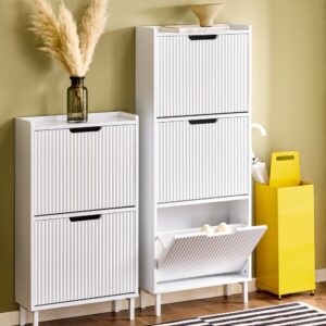 wohnli-moebel-suche-M25002687-1 Schuhkipper Schuhkommode Schuhablage aus MDF(E1) Metall Weiß 50x130x19cm Spanplatte Weiß SoBuy Möbel Flurmöbel Schuhschränke