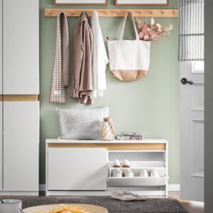 wohnli-moebel-suche-M25002689-1 Schuhkipper Schuhbank Dielenbank Sitzbank Sitzkommode aus MDF(E1) Weiß 104x47x30cm Spanplatte Weiß SoBuy Möbel Flurmöbel Schuhschränke