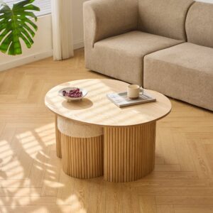 wohnli-moebel-suche-M25003052-1 Couchtisch aus Holz und 2 Hockern in Bouclé weiß 73x44x90cm Holz Braun Nordlys Möbel Wohnzimmermöbel Couchtische