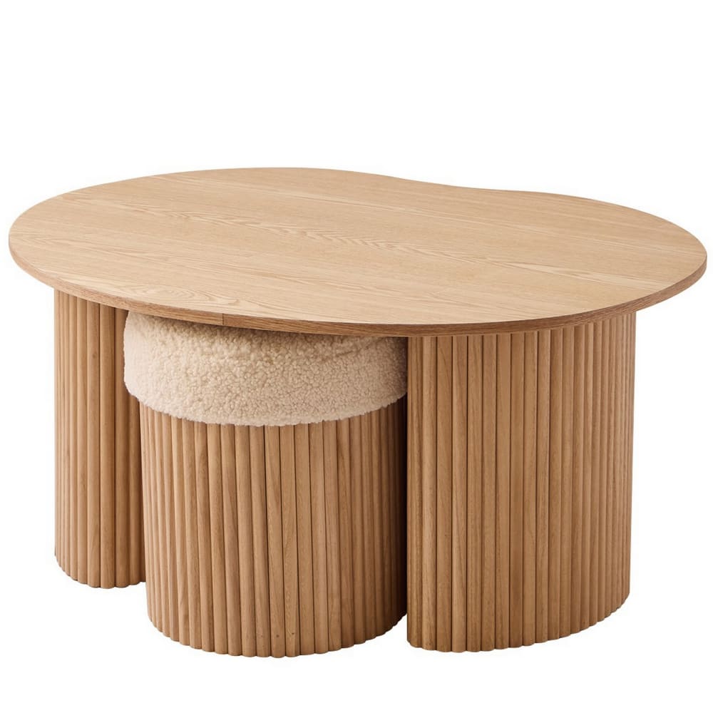 Wohnli Möbelsuche - Couchtisch aus Holz und 2 Hockern in Bouclé weiß