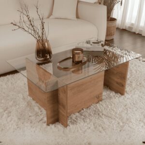 wohnli-moebel-suche-M25003080-1 Couchtisch mit Glasplatte L105 cm - Kieferoptik 105x40x65cm Spanplatte Beige Calicosy Möbel Wohnzimmermöbel Couchtische