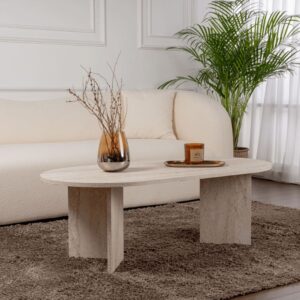 wohnli-moebel-suche-M25003087-1 Couchtisch Ovaler L119 cm - Travertindekor 119x40x60cm Spanplatte Beige Calicosy Möbel Wohnzimmermöbel Couchtische