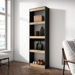 Bücherregal Holzeffekt 60x25x186cm Eiche und Schwarz 60x186x25cm Spanplatte Beige Skraut home Möbel Wohnzimmermöbel Bücherregale