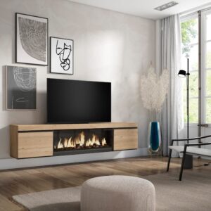 TV-Möbel Holzeffekt Kamin mit Feuereffekt XXL 208x35x45cm Eiche 208x45x35cm Spanplatte Beige Skraut home Möbel Wohnzimmermöbel TV-Möbel