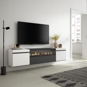 TV-Möbel Holzeffekt Kamin mit Feuereffekt 200x35x45cm Weiß und Schwarz 200x45x35cm Spanplatte Weiß Skraut home Möbel Wohnzimmermöbel TV-Möbel