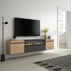 TV-Möbel Holzeffekt Kamin mit Feuereffekt 200x35x45 Eiche und Schwarz 200x45x35cm Spanplatte Beige Skraut home Möbel Wohnzimmermöbel TV-Möbel