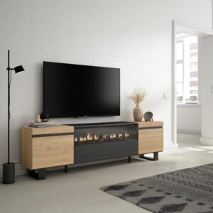 TV-Möbel Holzeffekt Kamin mit Feuereffekt 200x35x57 Eiche und Schwarz 200x57x35cm Spanplatte Beige Skraut home Möbel Wohnzimmermöbel TV-Möbel
