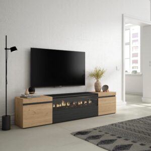 TV-Möbel Holzeffekt Kamin mit Feuereffekt 200x35x45 Eiche und Schwarz 200x45x35cm Spanplatte Beige Skraut home Möbel Wohnzimmermöbel TV-Möbel