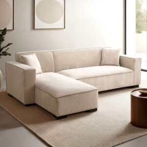 Festes 3-Sitzer-Ecksofa mit Chaiselongue links in Ecru 247x76x160cm Polyester Weiß Oviala Sofas und Sessel Sofas Ecksofas