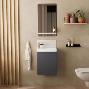 wohnli-moebel-suche-M25014739-1 Waschbeckenunterschrank + Spiegel + Wasserhahn 21x48x41cm Spanplatte Grau Mob In Möbel Badezimmermöbel Waschtische