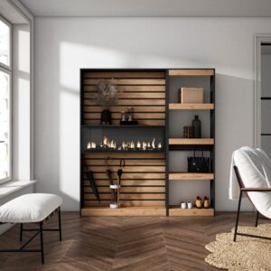 wohnli-moebel-suche-M25015242-1 Bücherregal Holzeffekt Kamin Feuereffekt 170x25x186 Eiche und Schwarz 170x186x25cm Spanplatte Beige Skraut home Möbel Wohnzimmermöbel Bücherregale