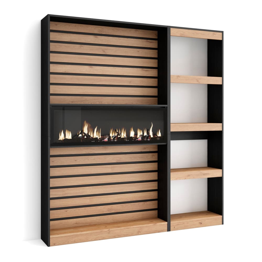 wohnli-moebel-suche-M25015242 Wohnli Möbelsuche - Bücherregal Holzeffekt Kamin Feuereffekt 170x25x186 Eiche und Schwarz