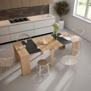 wohnli-moebel-suche-M25015355-1 Ausziehbare Konsole Holzeffekt 222x90x77cm Eiche und Schwarz 222x77x90cm Spanplatte Beige Skraut home Möbel Wohnzimmermöbel Konsolentische