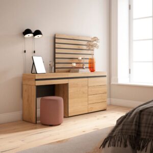 wohnli-moebel-suche-M25015361-1 Schminktisch Holzeffekt 177x35x145cm Eiche 177x145x35cm Spanplatte Beige Skraut home Möbel Schlafzimmermöbel Schminktische