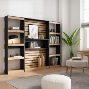 wohnli-moebel-suche-M25015365-1 Bücherregal Holzeffekt 230x25x186cm Eiche und Schwarz 230x186x25cm Spanplatte Beige Skraut home Möbel Wohnzimmermöbel Bücherregale