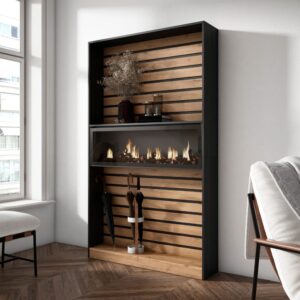 wohnli-moebel-suche-M25015366-1 Bücherregal Holzeffekt Kamin Feuereffekt 110x25x186 Eiche und Schwarz 110x186x25cm Spanplatte Beige Skraut home Möbel Wohnzimmermöbel Bücherregale