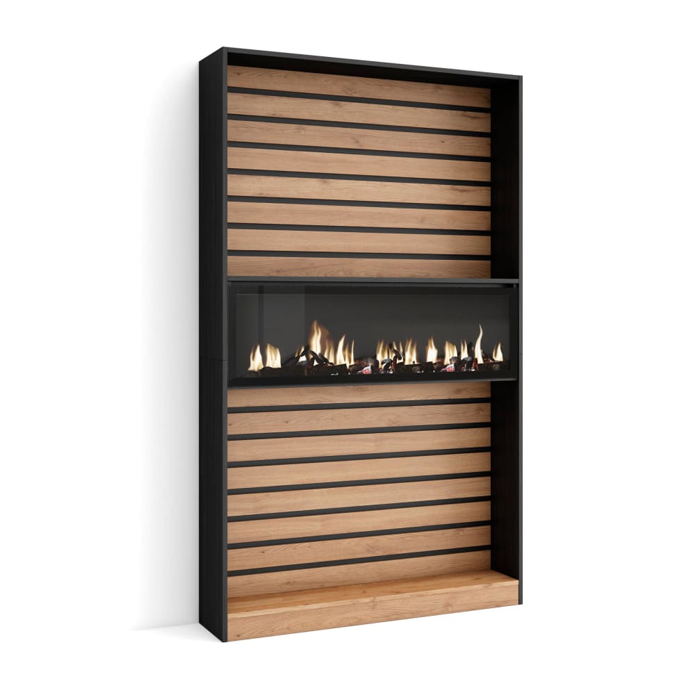 wohnli-moebel-suche-M25015366 Wohnli Möbelsuche - Bücherregal Holzeffekt Kamin Feuereffekt 110x25x186 Eiche und Schwarz