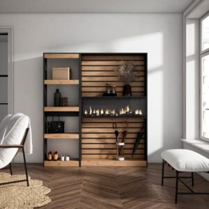 wohnli-moebel-suche-M25015367-1 Bücherregal Holzeffekt Kamin Feuereffekt 170x25x186 Eiche und Schwarz 170x186x25cm Spanplatte Beige Skraut home Möbel Wohnzimmermöbel Bücherregale