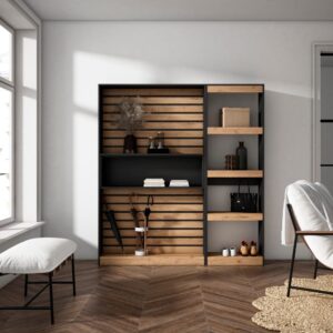 wohnli-moebel-suche-M25015369-1 Bücherregal Holzeffekt 170x25x186cm Eiche und Schwarz 170x186x25cm Spanplatte Beige Skraut home Möbel Wohnzimmermöbel Bücherregale