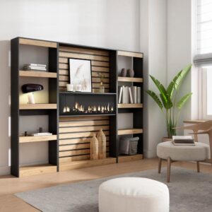 wohnli-moebel-suche-M25015370-1 Bücherregal Holzeffekt Kamin Feuereffekt 230x25x186 Eiche und Schwarz 230x186x25cm Spanplatte Beige Skraut home Möbel Wohnzimmermöbel Bücherregale