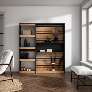 Bücherregal Holzeffekt 170x25x186cm Eiche und Schwarz 170x186x25cm Spanplatte Beige Skraut home Möbel Wohnzimmermöbel Bücherregale