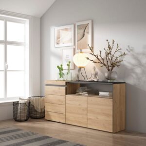 wohnli-moebel-suche-M25015391-1 Kommode Holzeffekt 157x35x75cm Eiche 157x75x35cm Spanplatte Beige Skraut home Möbel Schlafzimmermöbel Kommoden