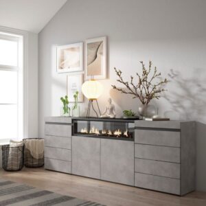 wohnli-moebel-suche-M25015394-1 Kommode Holzeffekt Kamin mit Feuereffekt 214x35x75cm Zement 214x75x35cm Spanplatte Grau Skraut home Möbel Schlafzimmermöbel Kommoden