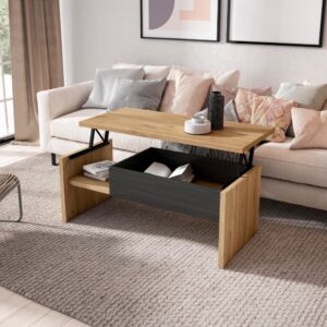 Couchtisch mit hochklappbarer Holzeffekt 110x50x45cm Eiche und Schwarz 110x45x50cm Spanplatte Beige Skraut home Möbel Wohnzimmermöbel Couchtische