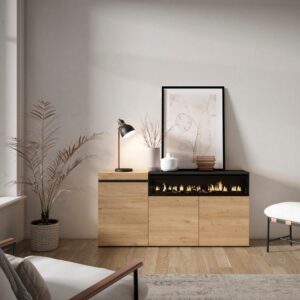 Sideboard Holzeffekt Kamin mit Feuereffekt 150x35x75 Eiche und Schwarz 150x75x35cm Spanplatte Beige Skraut home Möbel Esszimmermöbel Sideboards, Highboards & niedrige Anrichten