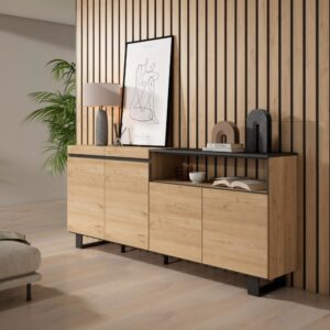 wohnli-moebel-suche-M25015405-1 Sideboard Holzeffekt mit Beinen 200x35x87cm Eiche und Schwarz 200x87x35cm Spanplatte Beige Skraut home Möbel Esszimmermöbel Sideboards, Highboards & niedrige Anrichten
