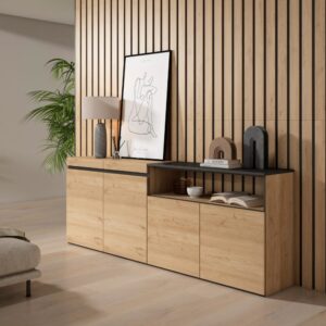 wohnli-moebel-suche-M25015411-1 Sideboard Holzeffekt 200x35x75cm Eiche und Schwarz 200x75x35cm Spanplatte Beige Skraut home Möbel Esszimmermöbel Sideboards, Highboards & niedrige Anrichten