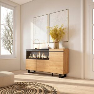 wohnli-moebel-suche-M25015415-1 Sideboard Holzeffekt Kamin mit Feuereffekt XXL 158x35x87cm Eiche 158x87x35cm Spanplatte Beige Skraut home Möbel Esszimmermöbel Sideboards, Highboards & niedrige Anrichten