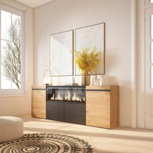 Sideboard Holzeffekt Kamin mit Feuereffekt 208x35x75 Eiche und Schwarz 208x75x35cm Spanplatte Beige Skraut home Möbel Esszimmermöbel Sideboards, Highboards & niedrige Anrichten